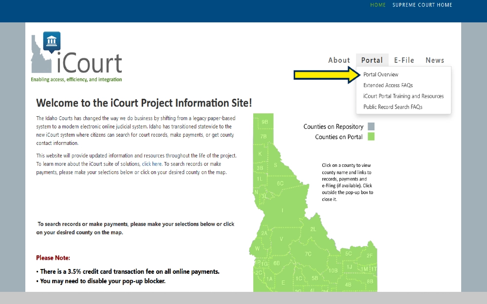 Idaho icourt portal screenshot with yellow arrow pointing to portal overview that is used to search criminal records in Idaho as well as public records contained in the court system. 