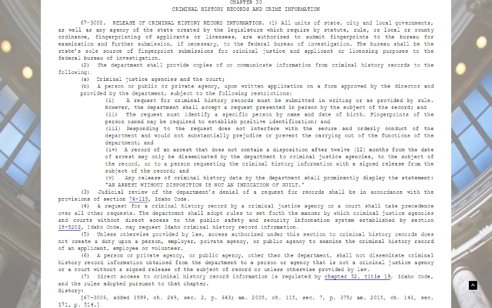 Screenshot of Idaho background check laws for obtaining criminal history records and crime information. 