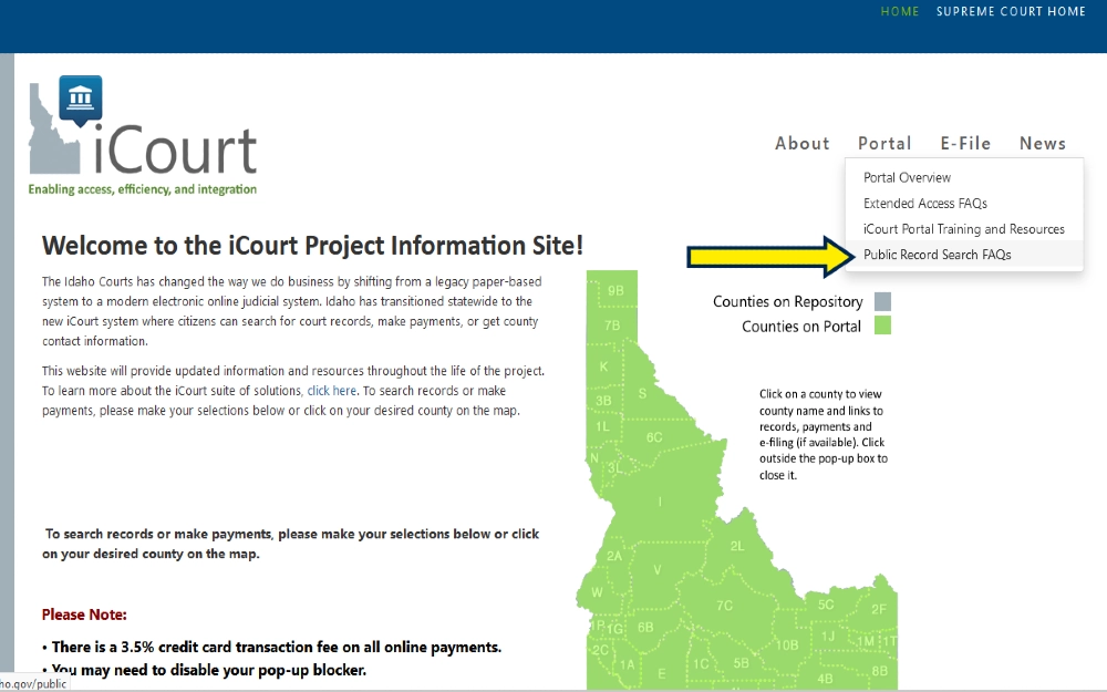 Yellow arrow pointing to public records search FAQs for Icourt project inforamtion site for Idaho, which can be used to find the answer to does an order of protection go on your record. 