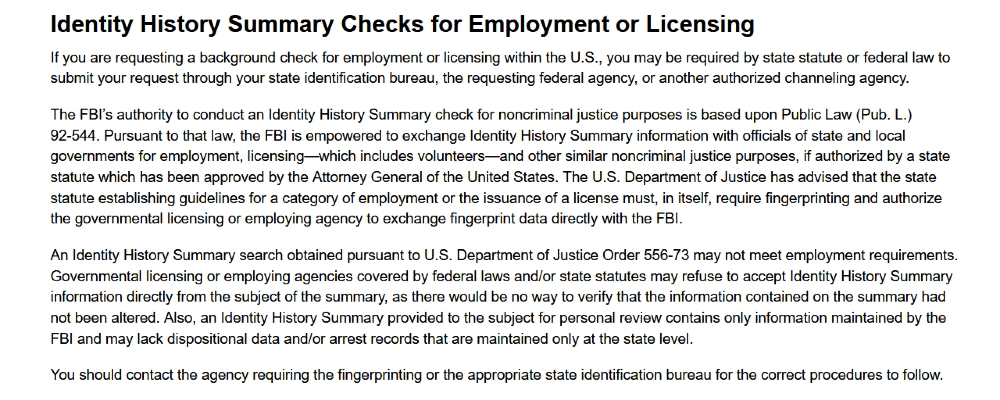 Identity History Summary Check for licenses screenshot outlining the requirements for performing a criminal background check for real estate license. 