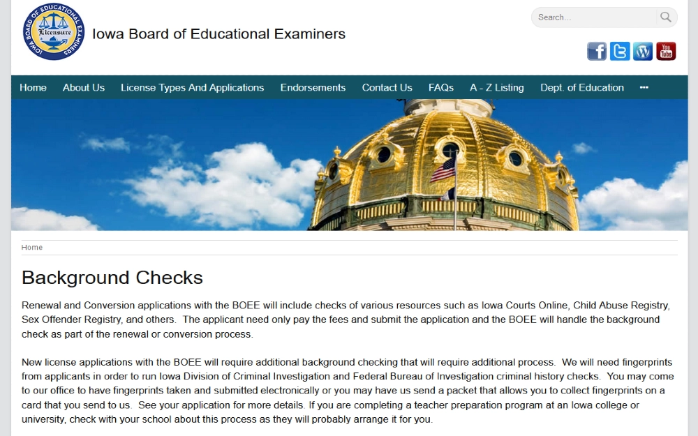 screenshot of Iowa board of educational examiners website screenshot with information about Iowa education background checks for employment. 