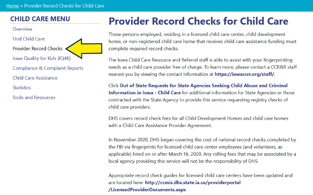Iowa child care provider record checks screenshot with yellow arrow pointing to record checks by Iowa DHS for child care background checks and providers. 