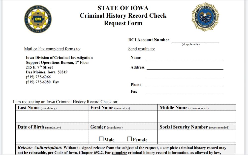 State of Iowa criminal history record check form for requests screenshot issued by the Iowa division of criminal investigation. 