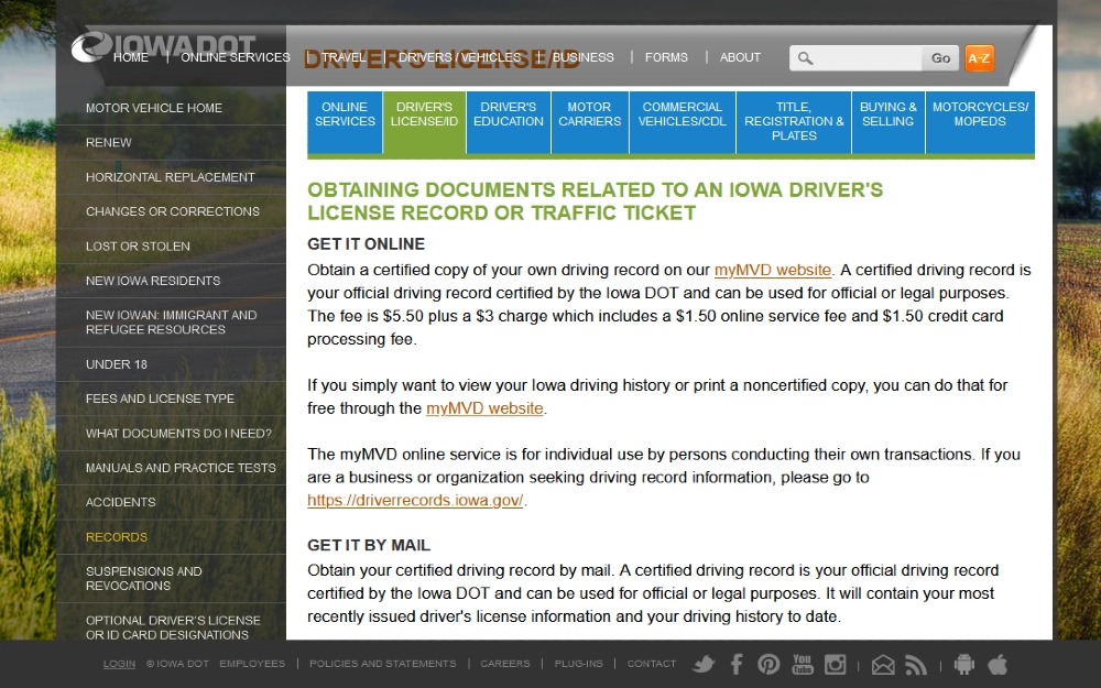Screenshot of Iowa DOT with information on how to get a DOT background check in Iowa and getting a Iowa Driver's license record. 
