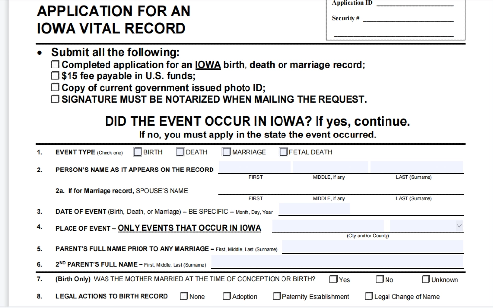 Screenhot of hte Iowa form for vital records application for official state of iowa background check documents. 