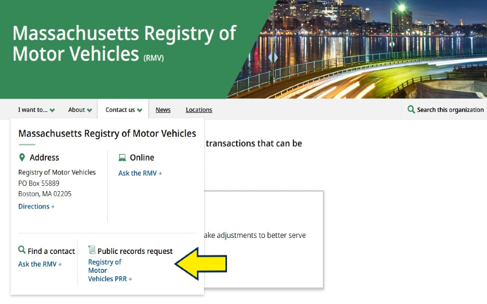 Massachusetts registry of motor vehicles screenshot with yeppw arrow pointing to public records requests for finding out do warnings go on your record and do written warnings go on your record