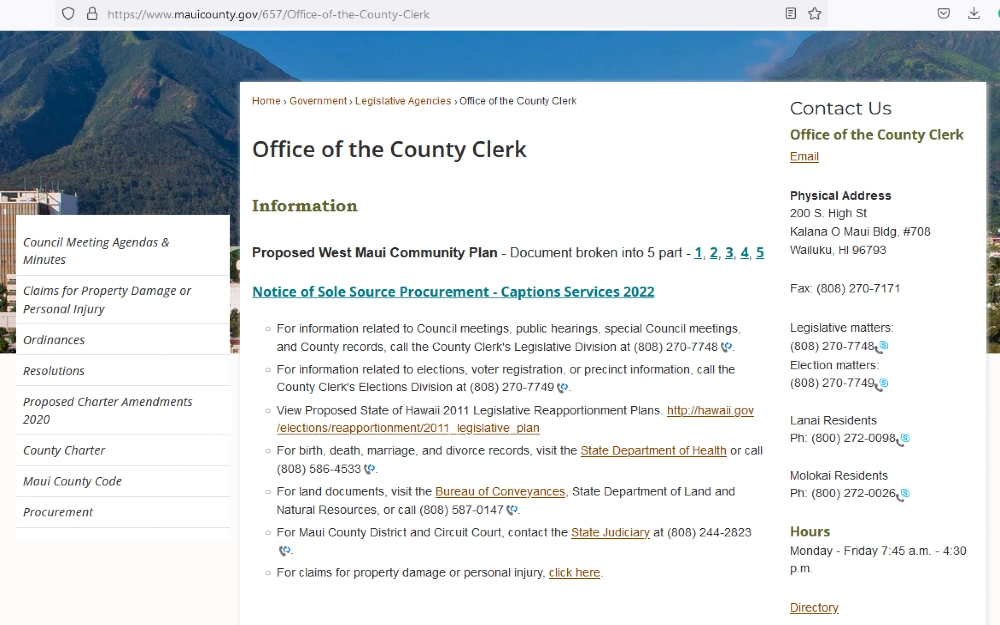Office of the ocunty clerk Maui screenshot showing contact information and notices, which can be searched for free Hawaii background check information. 