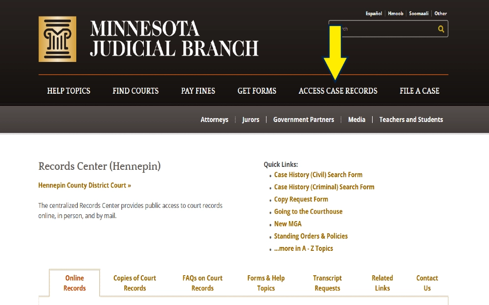 Minnesota Judicial Branch screenshot for public records bankruptcies free search