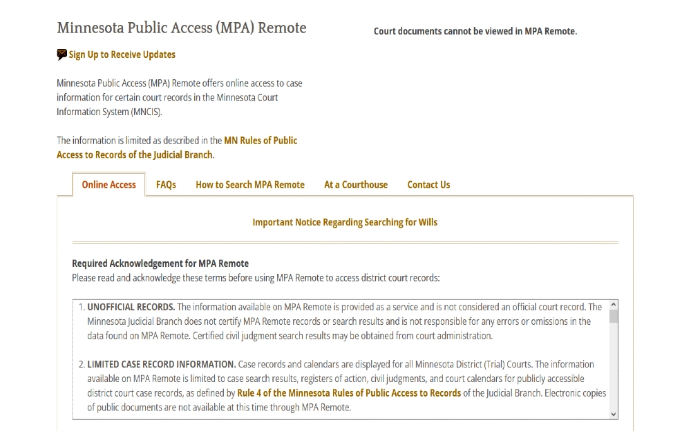 Minnesota Public Access (MPA) remote screenshot for how to find bankruptcies free. 