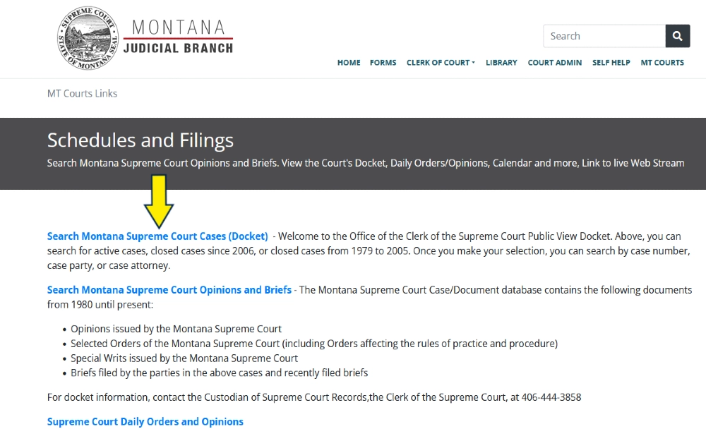 Montana Judicial Branch screenshot website that can be used to learn does a restraining order go on someone's record, or does a harassment charge go on your record, with yellow arrow pointing to link for searching supreme court cases. 