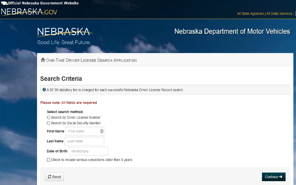 MVR report search form for Nebraska Dept of Motor vehicles to find out do speeding warnings go on your record