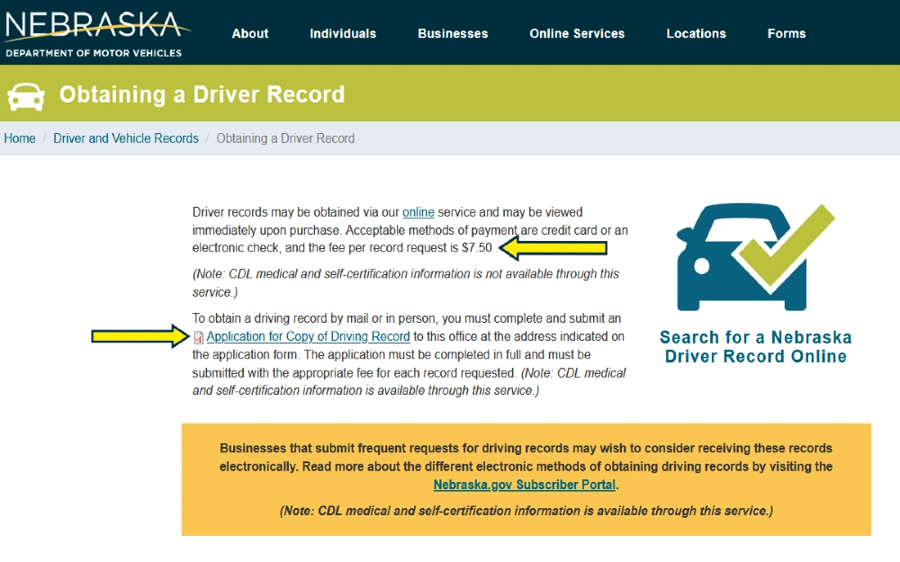 Nebraska Dept of Motor Vehicles screenshot with yellow arrows for how much to pay for a background chec for a copy of your driver's record to find out do speeding warnings go on your record