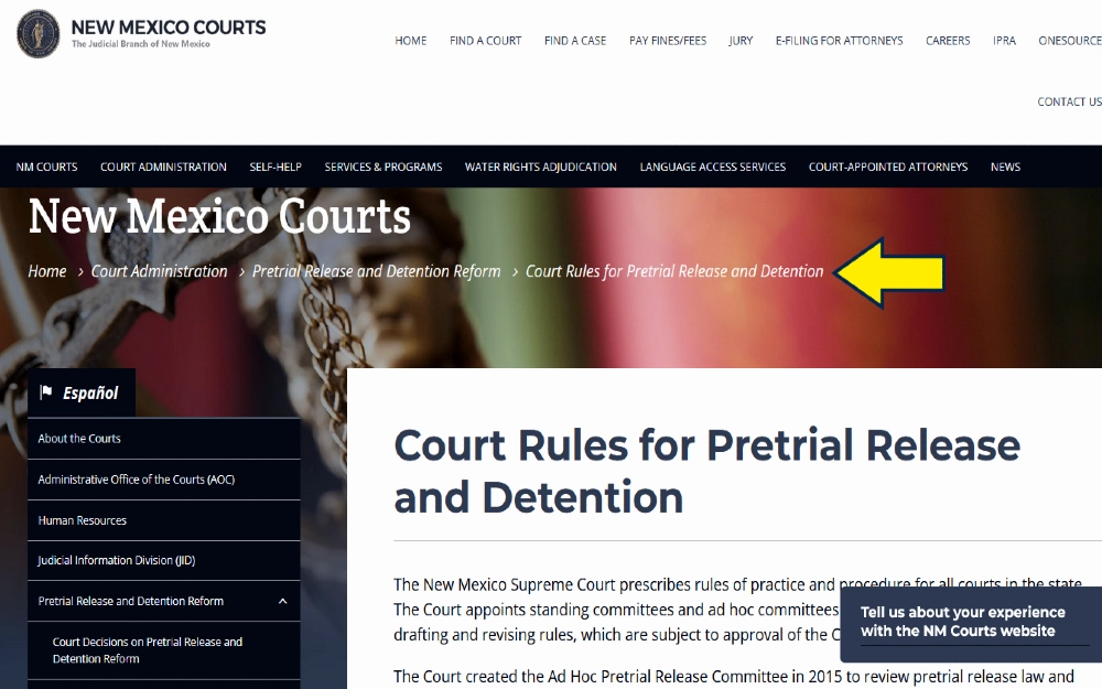 Screenshot of New Mexico courts rules for pretrial release and detention, with a yellow arrow pointing to a resource that explains how long can a felony case be pending in New Mexico. 