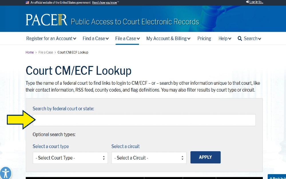 PACER court lookup screenshot for how to find bankruptcies on public records. 