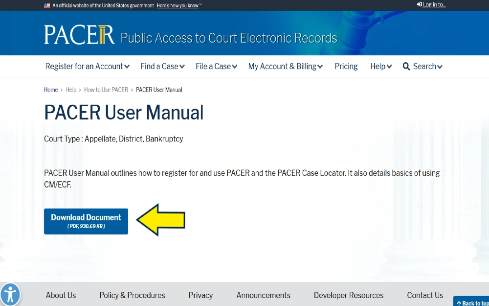 PACER user manual download screenshot for searching public records bankruptcies