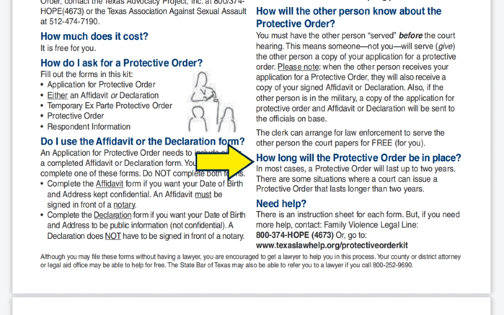 Screenshot of the Texas Advocacy Project explaining how long a protective order is in place for people who wonder does a temporary restraining order show up on a background check