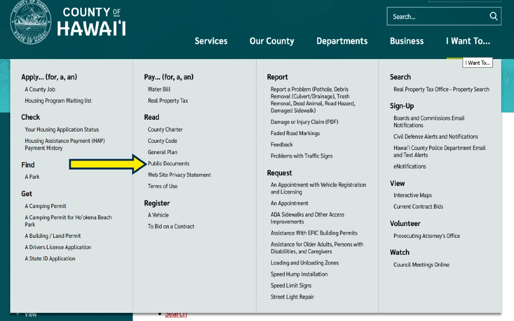 County of Hawaii website screenshot with yellow arrow pointing to public documents access for finding background check, Hawaii information including how to find Hawaii public records. 