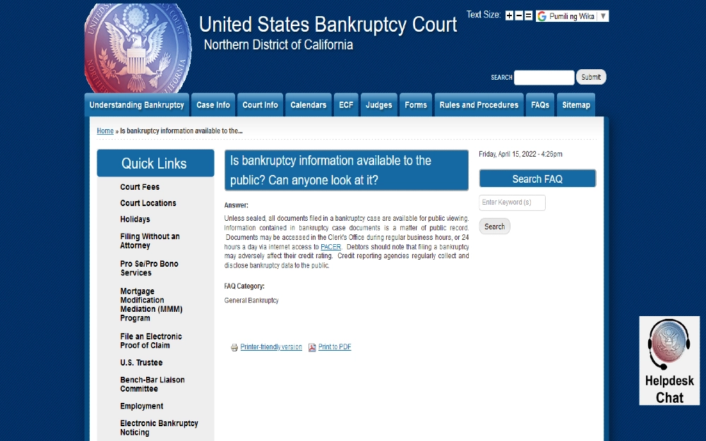 US Bankruptcies court California screenshot to find out are bankruptcies public record in California. 