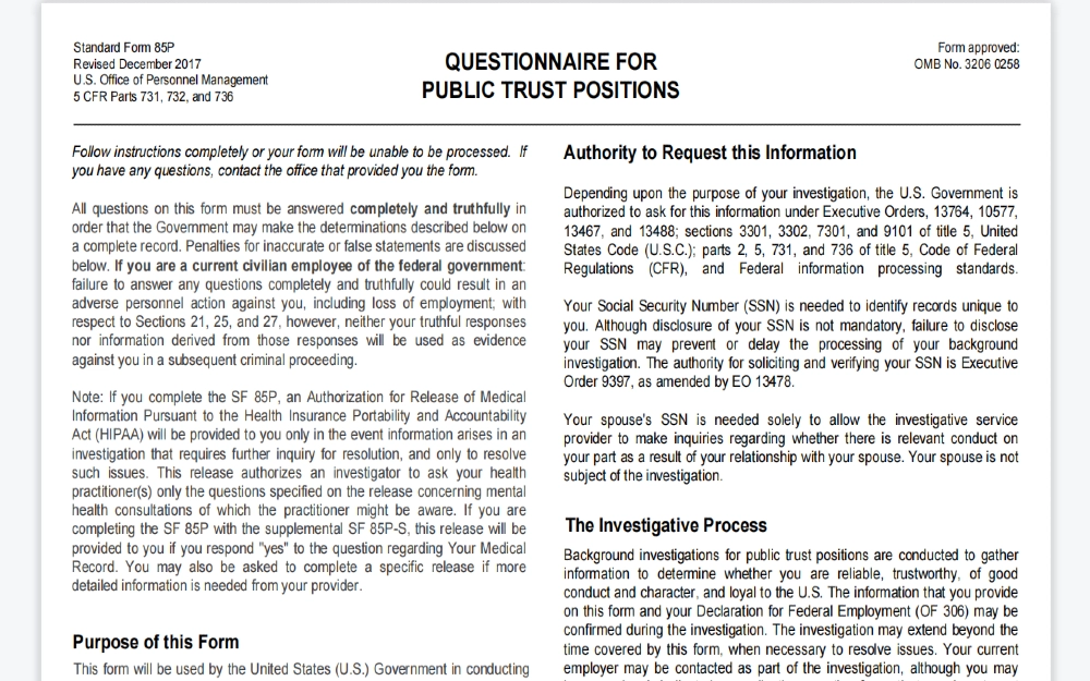 Screenshot of the questionnaire for public trust positions, which is part of a secret clearance background check. 