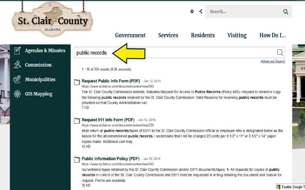 St. Clair county Alabama website screenshot with yellow arrow pointing to public records search and results showing how to request public information, such as how to find out if you have an indictment. 