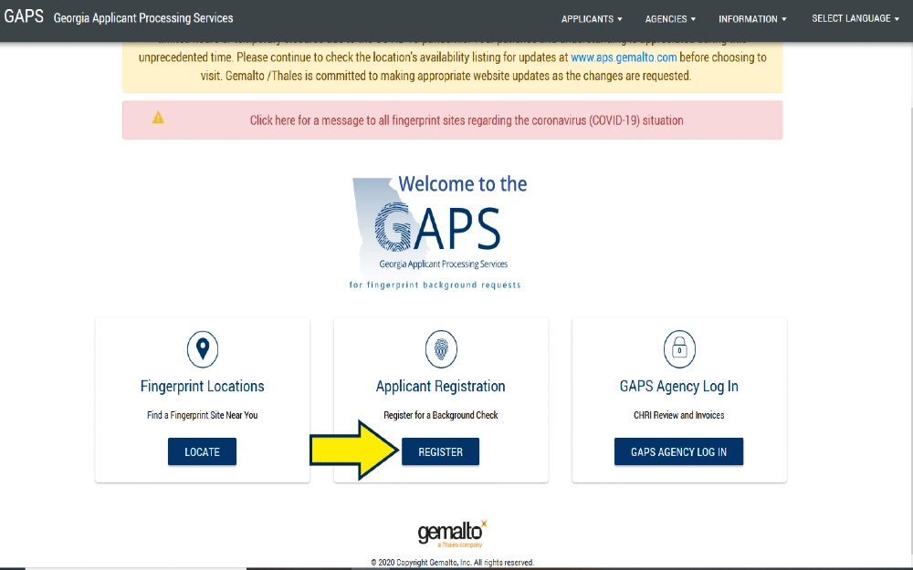 Georgia Bureau of Investigation GBI GAPS system screenshot with yellow arrow pointing to applicant registration for complying with Georgia background check laws and for finding out how far back does a background check go in georgia