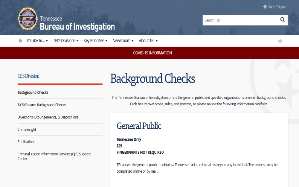 TBI Background check page screenshot for the non-fingerprint background check. 
