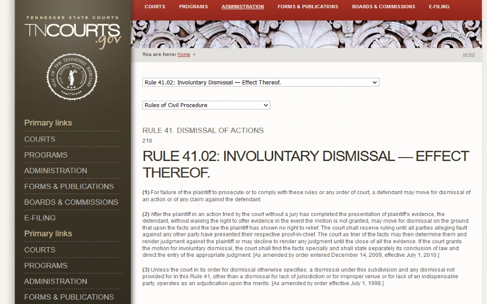 Screenshot of TN Court involuntary dismissal law that can be used to learn how to get charges dropped before court date shoplifting charges or other violations. 