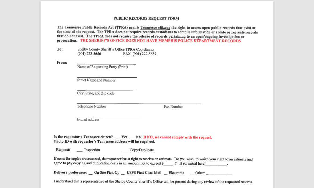 TN Sheriff's department public request form for finding Tennessee public records screenshot explaining that police department records are not included. 