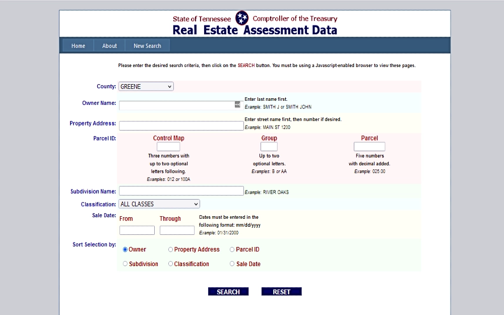 TN real estate assessment tool screenshot provides lookup options for finding someone's middle name or address using a property search for a background check, Tennessee. 
