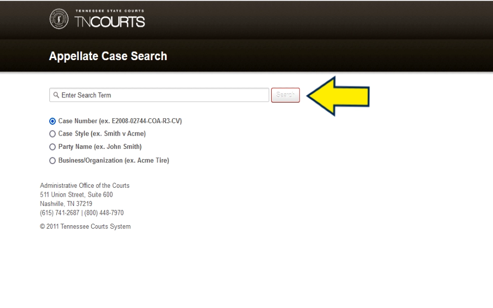 Tennessee courts case search screenshot of appellate case search with yellow arrow pointing to the search button based on term, which can include name, business or case naumber for preforming a free criminal backorund check, Tennessee. 