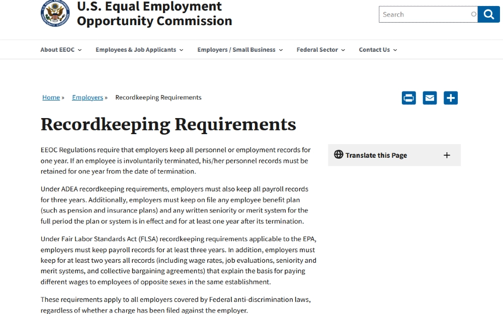 US Equal Employment Opportunity Commission recordkeeping requirements screenshot which outlines that previous terminations can be communicated to new employers, essentially meaning that does getting fired from a job go on your record won't be official, but can be disclosed. 