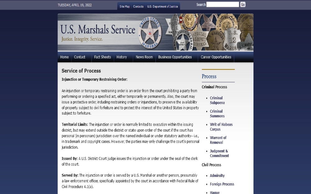 Screenshot of US marshals service website, explaining the service of process for a injunction or temporary restraining order, which answers does a temporary restraining order show up on a background check. 