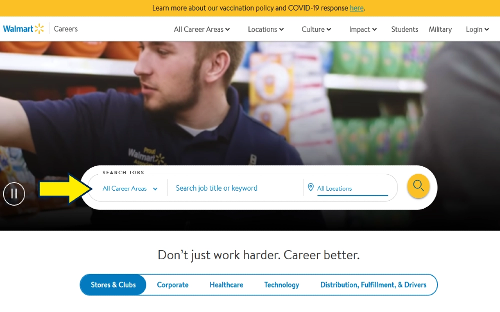Walmart careers website screenshot with a yellow arrow pointing to how to search for walmart jobs before logging in to see how long does a background check take for walmart.