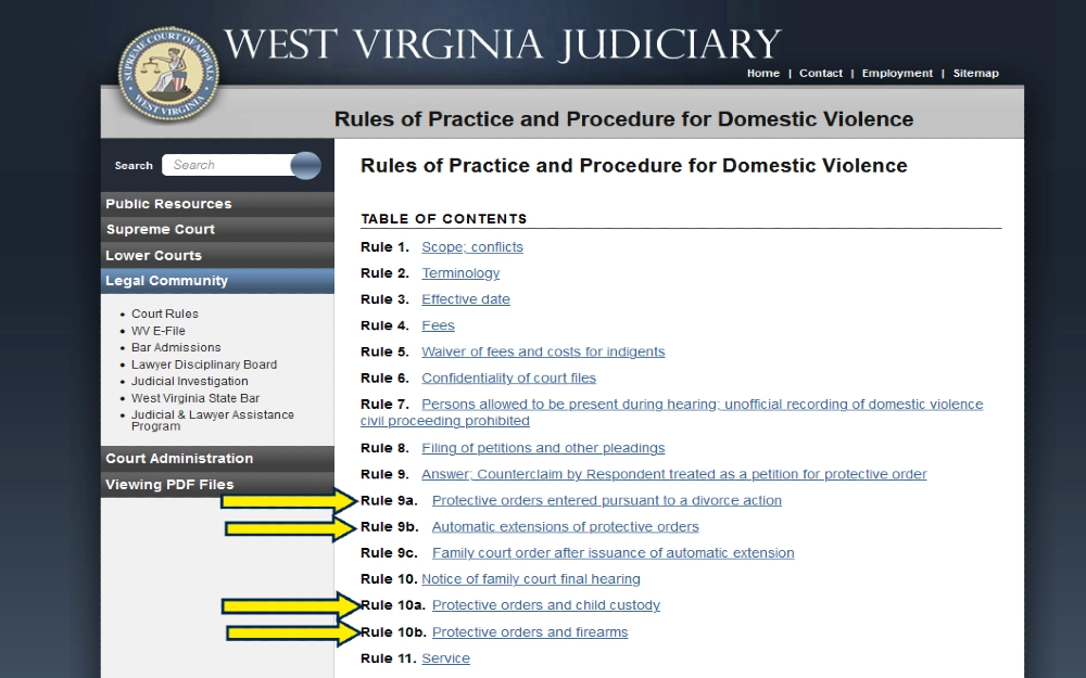 Screenshot of West Virginia Judiciary page with yellow arrows pointing to information about protective orders, including extension of protection orders, protection orders and firearms, protection orders and child custody, and protection orders from divorce actions, which can also explain how long does a harassment charge stay on your record. 