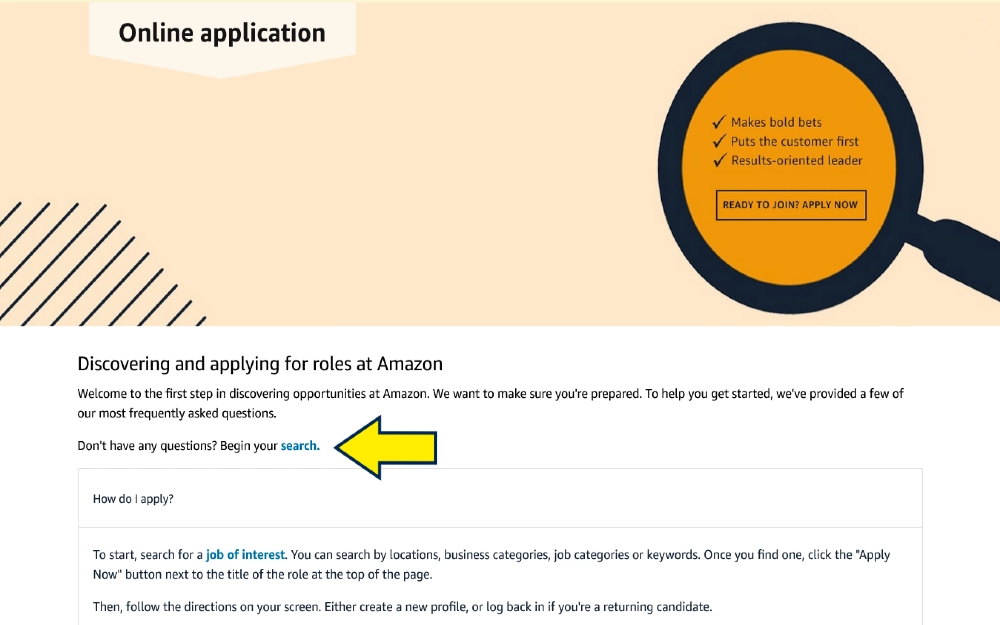 Amazon online application process with yellow arrow pointing to the search feature for jobs, which then transfers applicants to accurate background amazon, the system used for amazon flex backgroud check processes. 