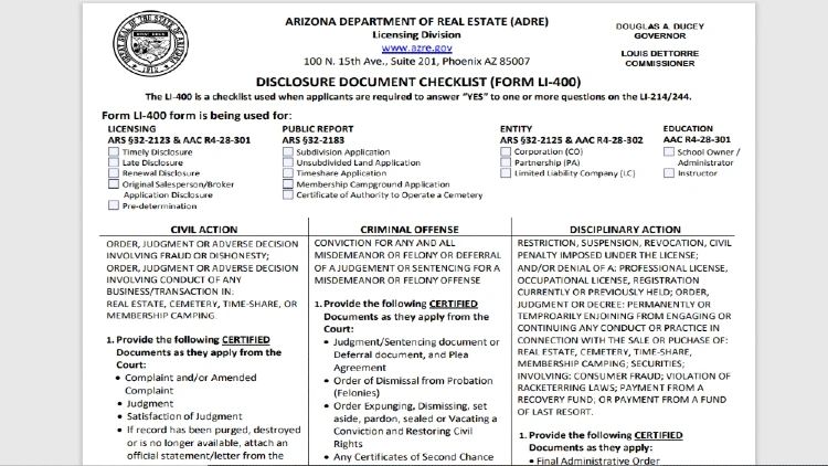 Disclosure document checklist for Arizona background check real estate license process, form LI 400