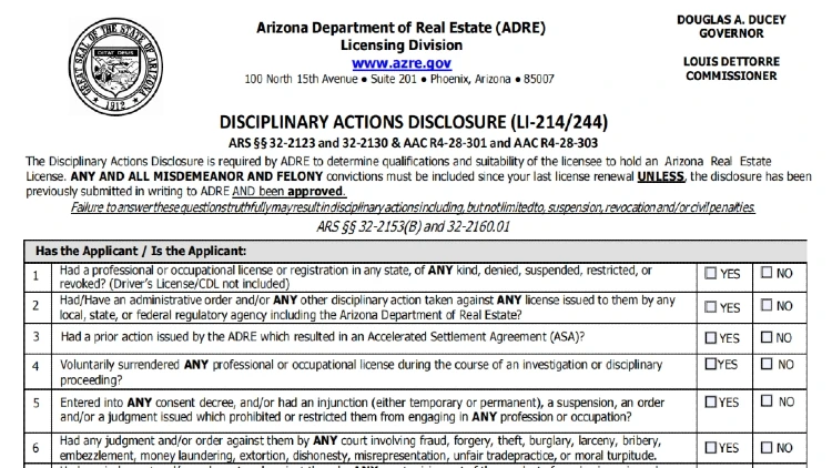 Arizona disciplinary actions disclosure real estate license form as part of the real estate application process. 