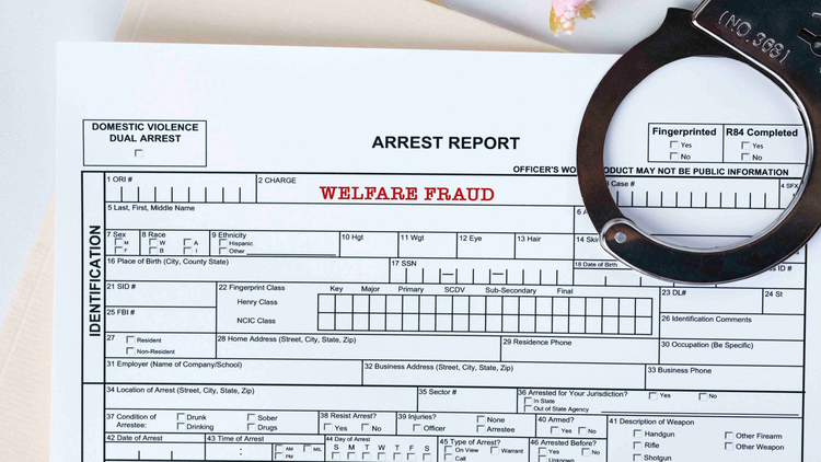 Close up view of an arrest report form with a handcuff on the upper right side.