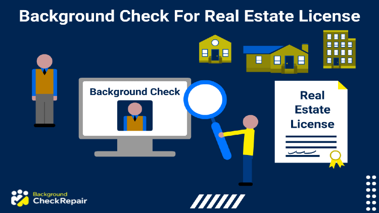 Man undergoes background check for real estate license and online application process shown by a computer in the middle and real estate in the background and another man with a criminal record asks what kind of background check for real estate license requires a criminal background check.