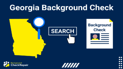 Search background check, Georgia button with a copy of a Georgia background check online document on the right and on the left, the state of Georgia, employment background check and free criminal background check Georgia symbolized by the computer mouse symbol in the center.