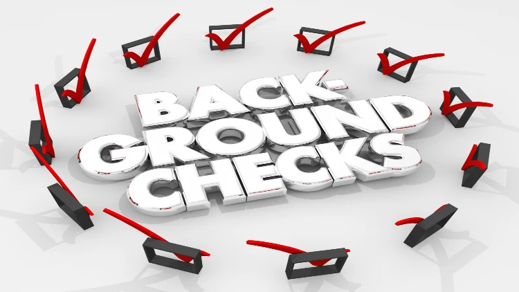 3D text showing the words "background checks" surrounded by checkboxes each ticked with a red checkmark.