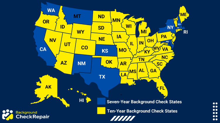 Map showing U.S. states color-coded by background check regulations: blue for seven-year background check states and yellow for ten-year background check states.