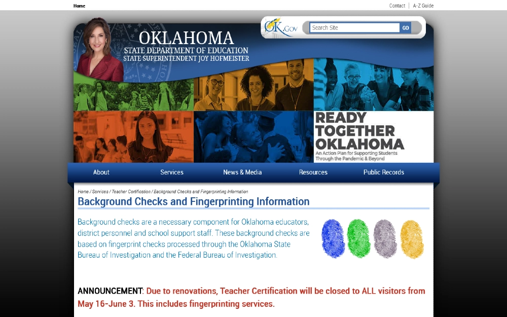 Oklahoma dept of education screenshot showing background hcecks and fingerprinting for Oklahoma teachers and educators. 