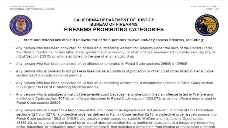 Screenshot from the California Department of Justice Bureau of Firearms about firearms prohibiting categories.