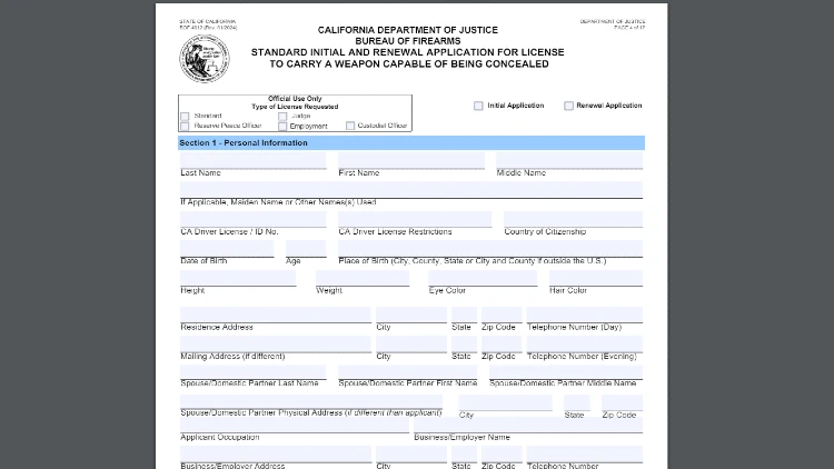 Screenshot of CA application form for license to carry concealed which is part of the background check process for a concealed carry permit and part of the check criminal background check for permit to carry concealed weapon.