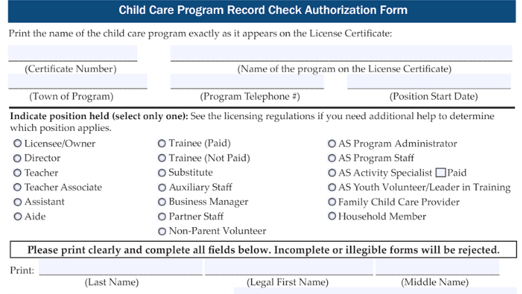 Child care program record check authorization form screenshot, Vermont, for performing a child care or daycare background check. 