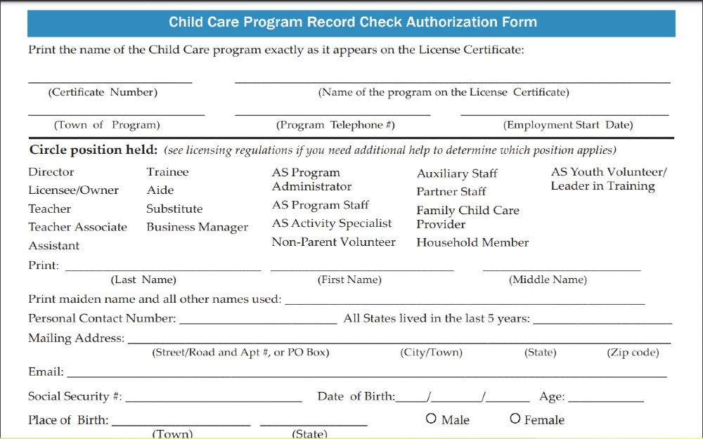 Chils care program record check authorization form, Vermont, for performing a child care or daycare background check. 