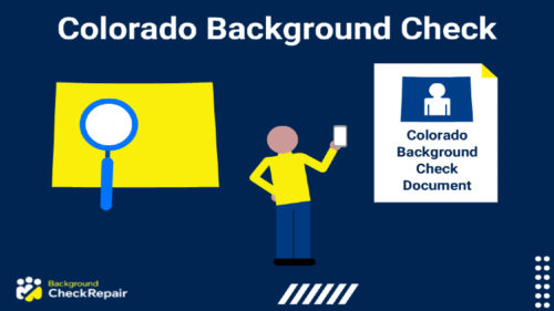 Background check, Colorado state outline with magnifying glass on the left searching Colorado public records, with a Colorado background check report on the right and a Colorado resident in the middle wondering about free Colorado background check laws.