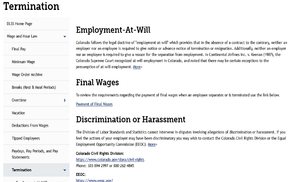 Screenshot of Termination legalities posted on the Dept of Labor website, which outlines does job abandonment show up on a background check and can you get fired for job abandonment. 