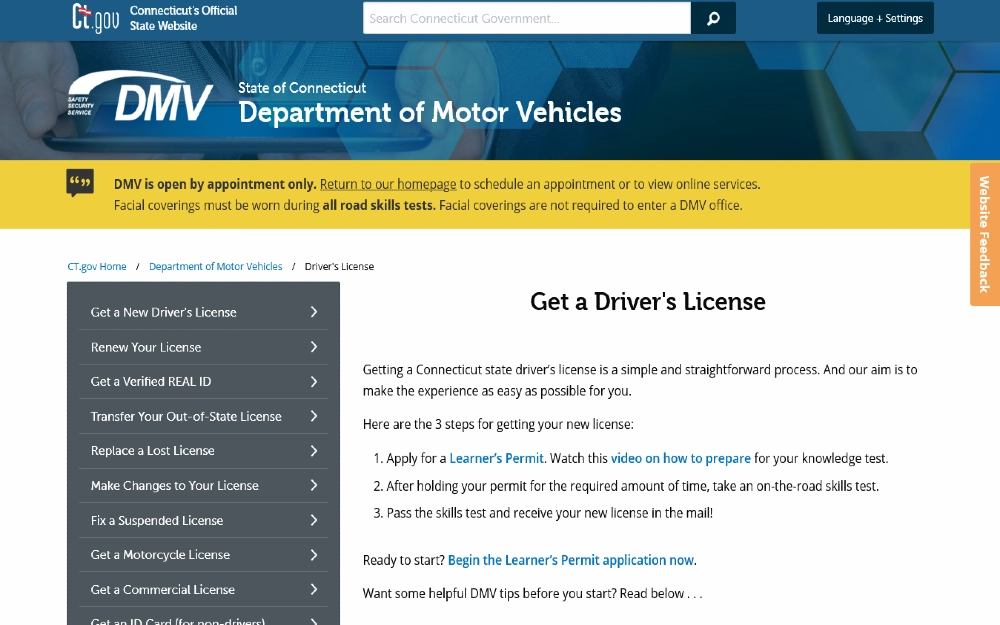 Connecticut Dept of Motor Vehicles screneshot of how to get a drivers license which also explains does a city citation go on your record